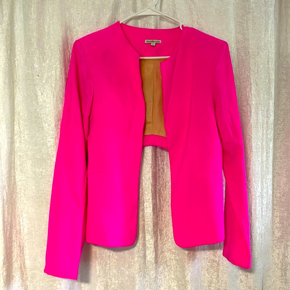 Hot neon pink cropped blazer, size small. Zipper detailing on n the back.